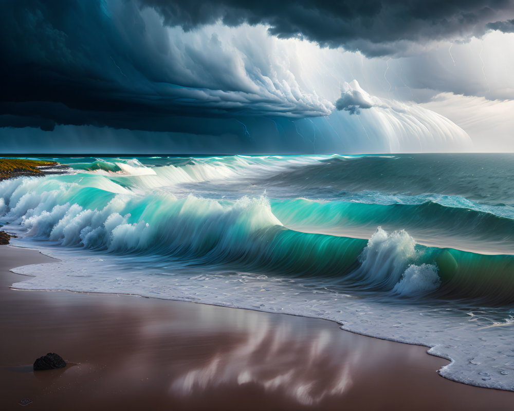 Stormy Beachscape with Turquoise Waves and Lightning Sky