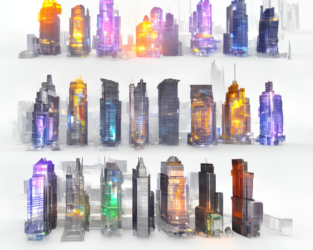 Colorful transparent skyscrapers in futuristic cityscape.