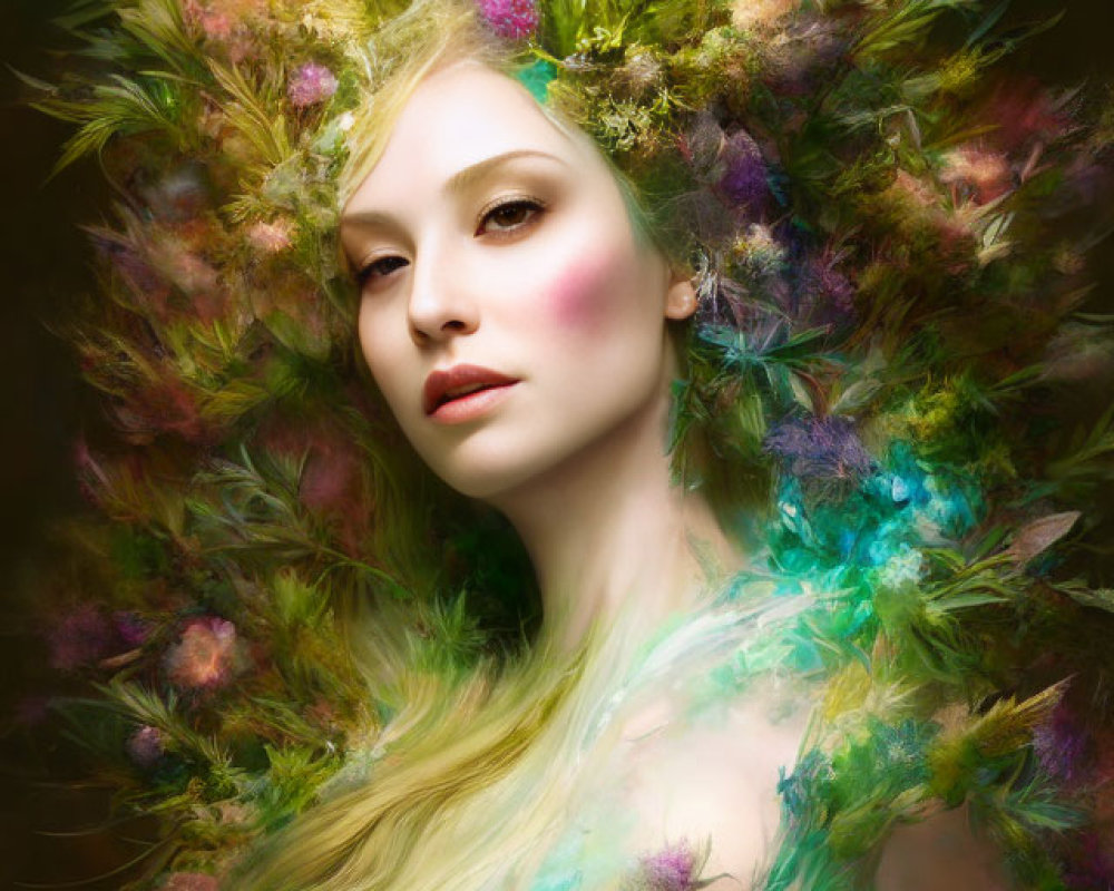 Ethereal woman with vibrant floral crown and flowing botanical hair