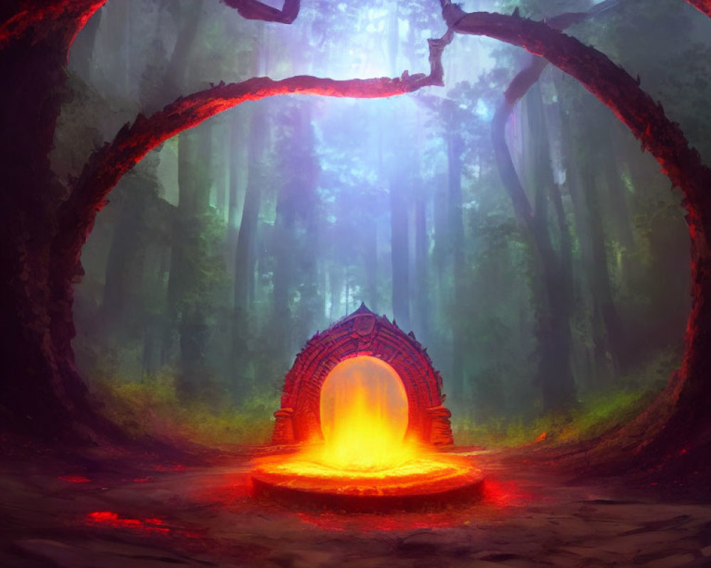 Ethereal forest scene with misty trees and lava-filled portal