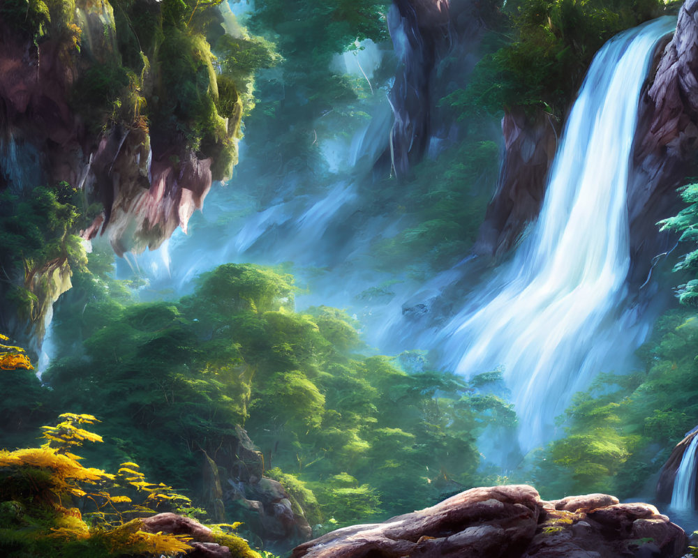 Digital artwork: Majestic waterfall in lush forest with sunlight.