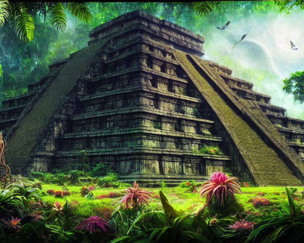 Maya pyramid in lush jungle under mystical sky