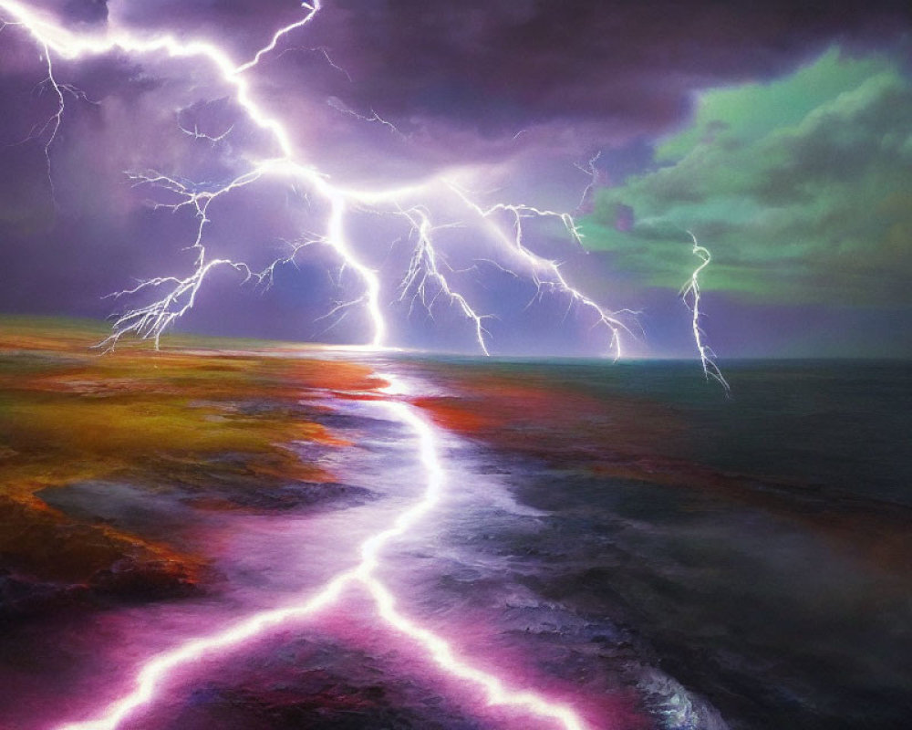 Intense Lightning Storm Over Dark Sea