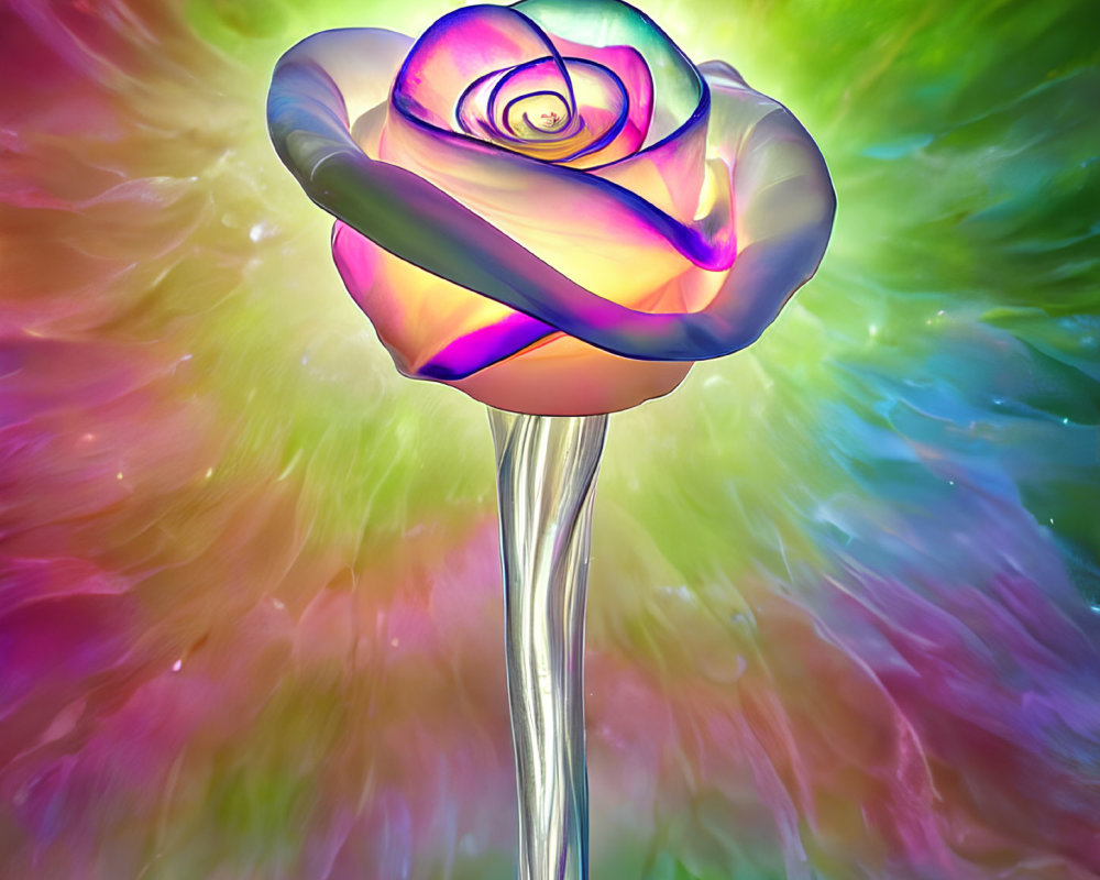 Colorful artistic representation of a rose with swirled center and metallic stem on pastel background