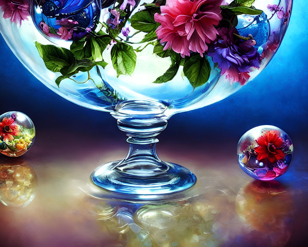 Colorful floral arrangement in glass vase with twisted stem, glass spheres, on reflective surface against blue backdrop