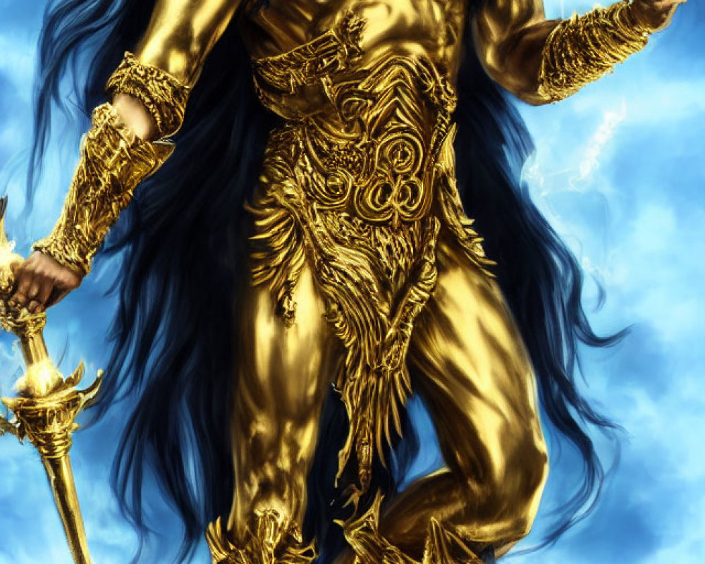 Majestic figure in golden armor with wings and orb against blue sky