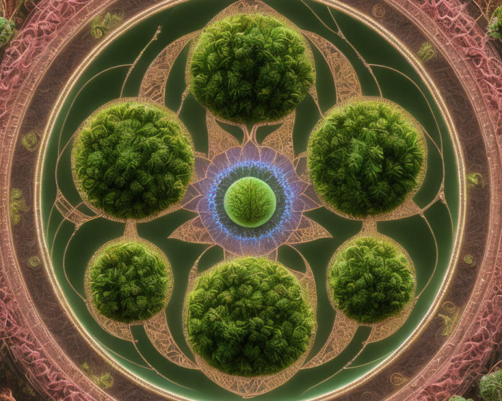 Symmetrical fractal image: intricate tree patterns in green, pink, and brown