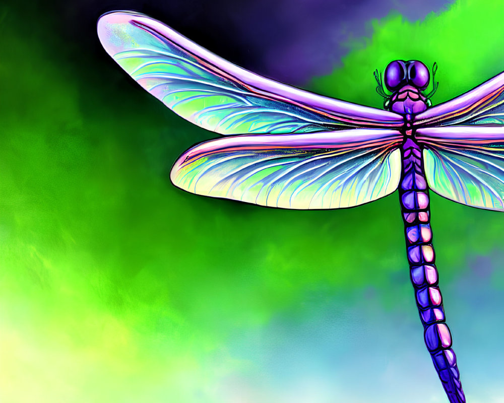 Colorful Dragonfly Illustration with Iridescent Wings on Gradient Background