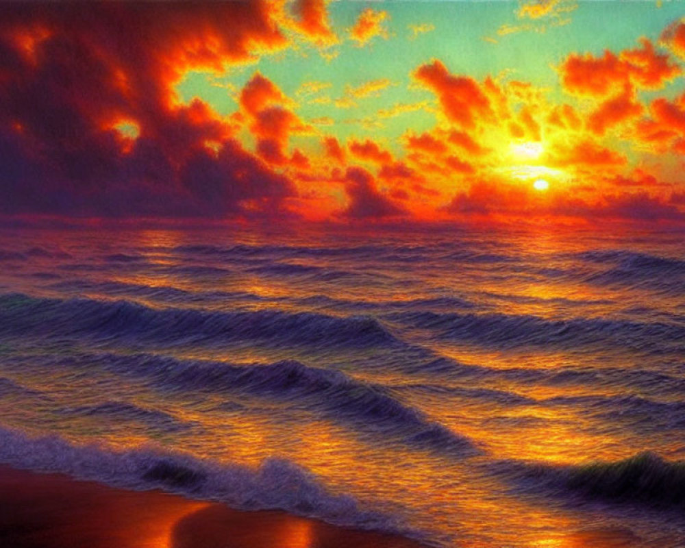 Vibrant sunset over rolling ocean waves and fiery clouds