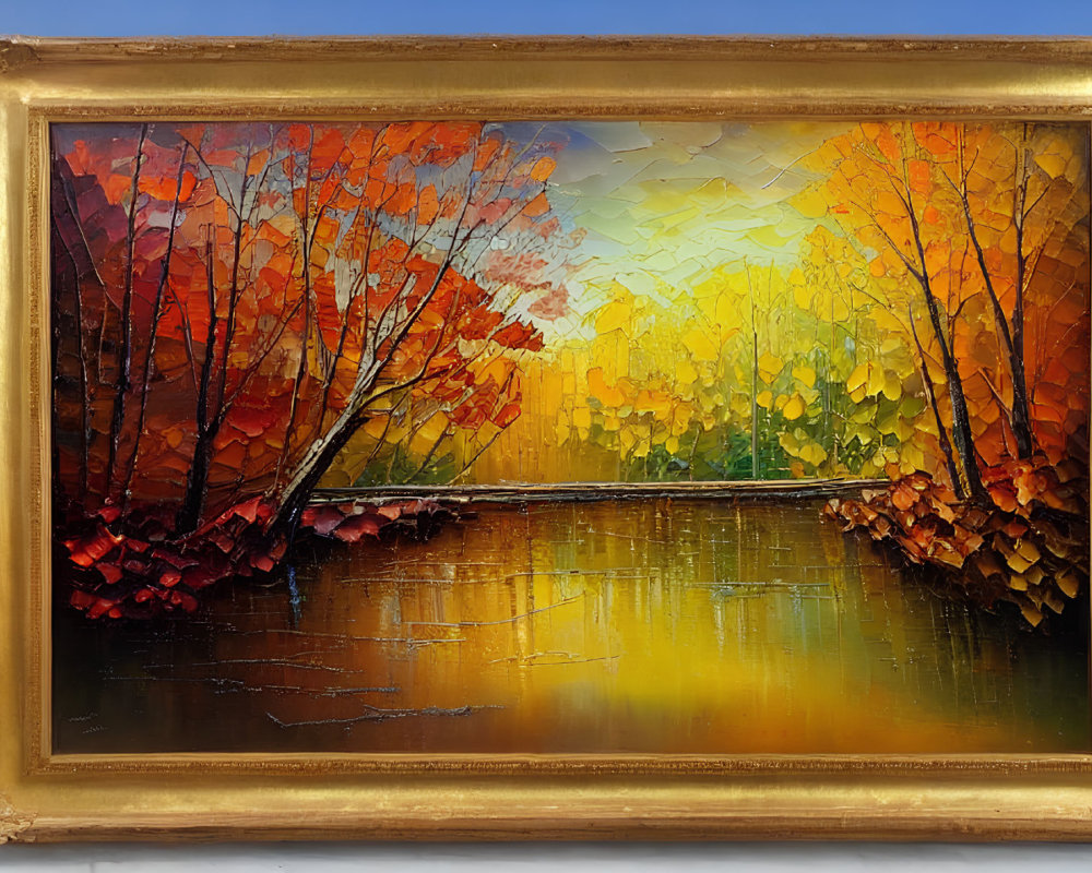 Colorful autumn trees painting with lake reflection in gold frame