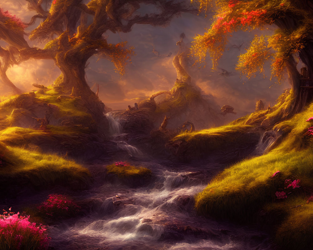 Tranquil fantasy landscape with stream, flowers, rocks, and ancient trees