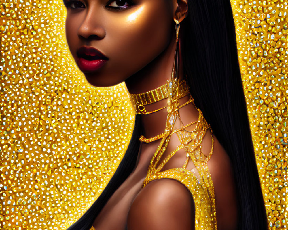 Digital illustration: Woman with long black hair and golden jewelry on shimmering golden background