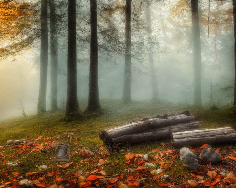 Misty Forest with Autumn Leaves and Soft Light