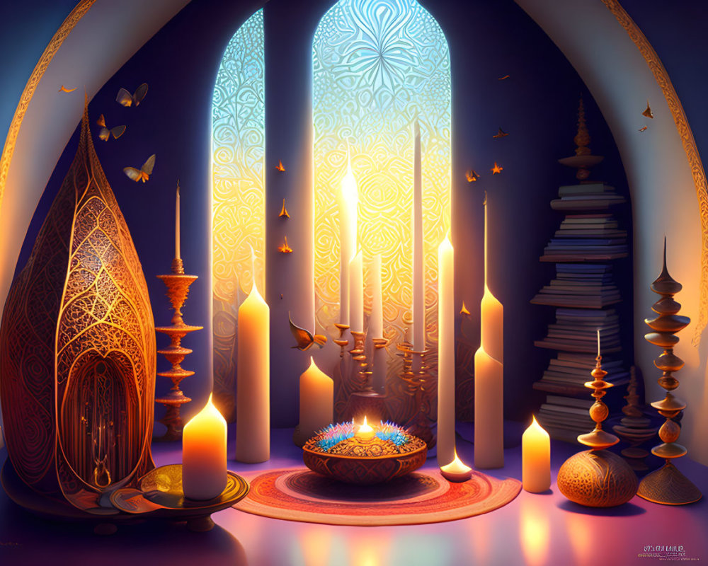 Tranquil scene with candles, lanterns, butterflies, and books in warm light.