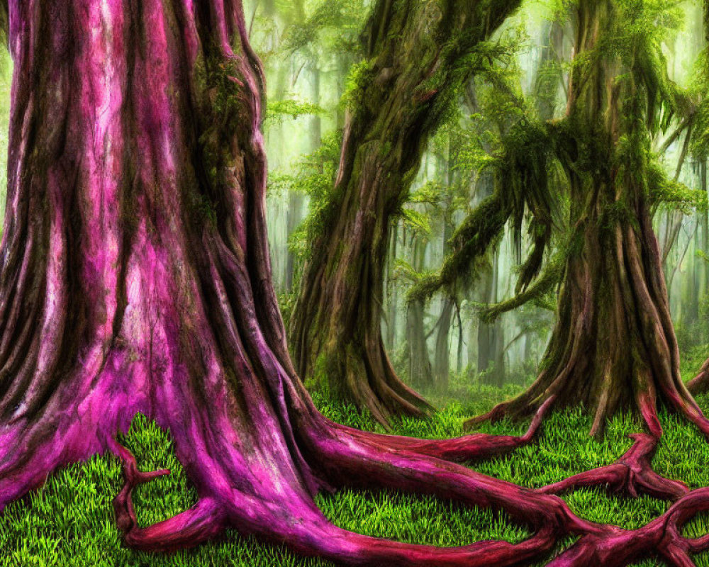 Lush Forest with Vibrant Green Grass and Purple-Barked Trees