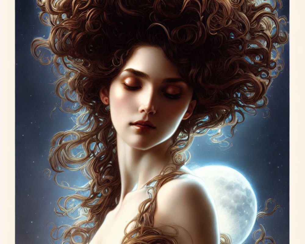 Illustrated woman with curly hair in moonlit cosmic setting