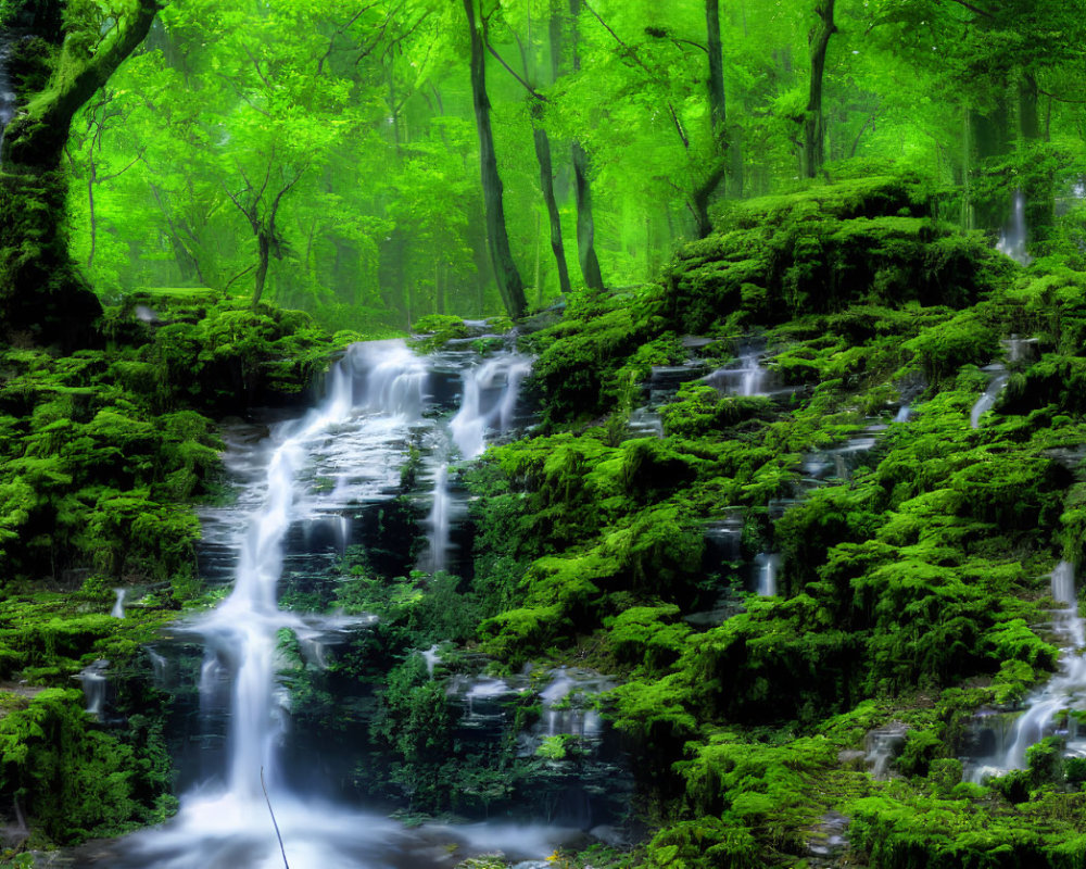 Serene forest scene with moss-covered rocks and tiered waterfall