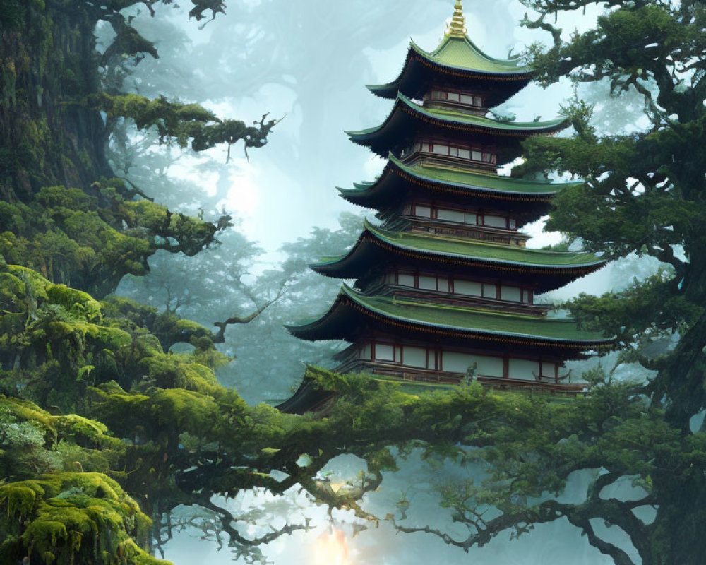 Traditional multi-tiered pagoda in lush forest setting with misty sunlight.