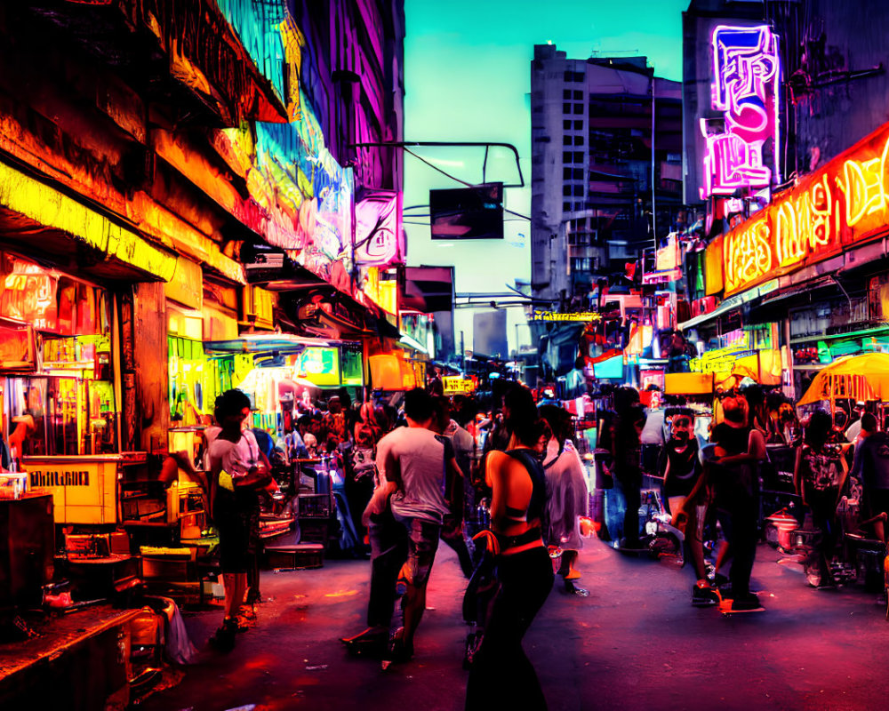 Colorful street market at dusk with neon signs, bustling crowds, and urban backdrop