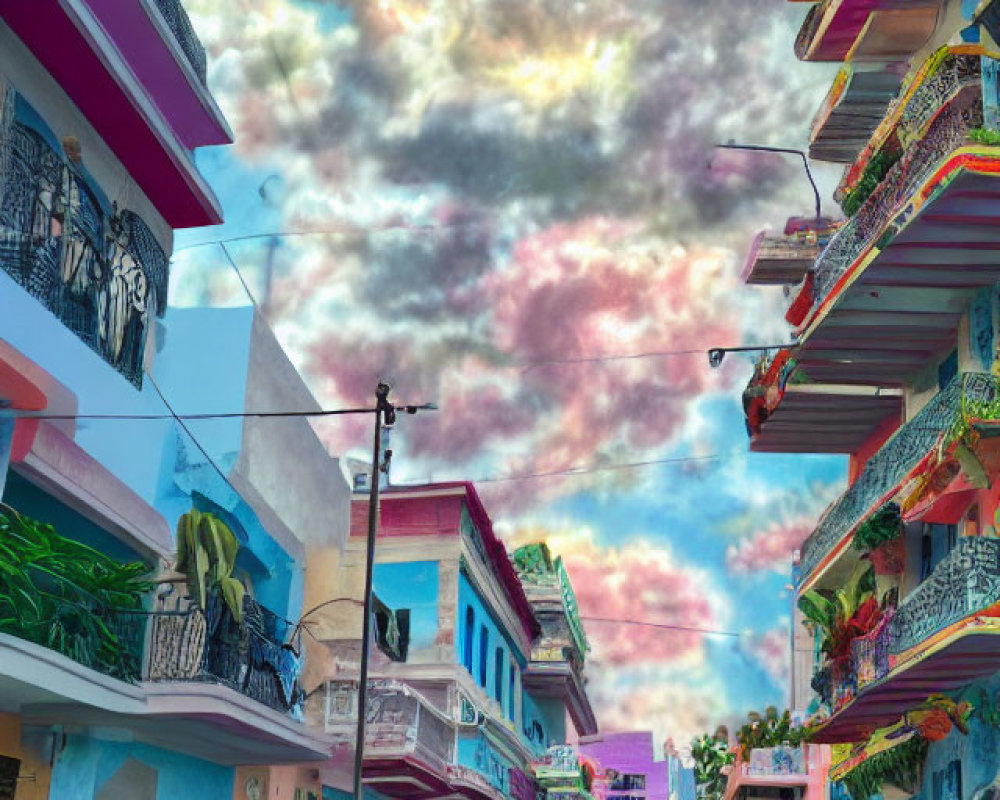 Vibrant urban street scene with two-story buildings and balconies under a dramatic pink and blue sky