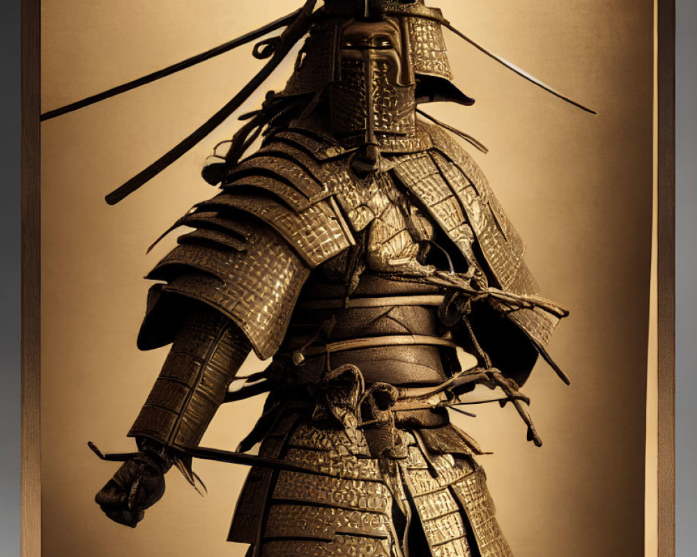 Japanese Samurai Armor with Kabuto Helmet and Sword on Warm Background