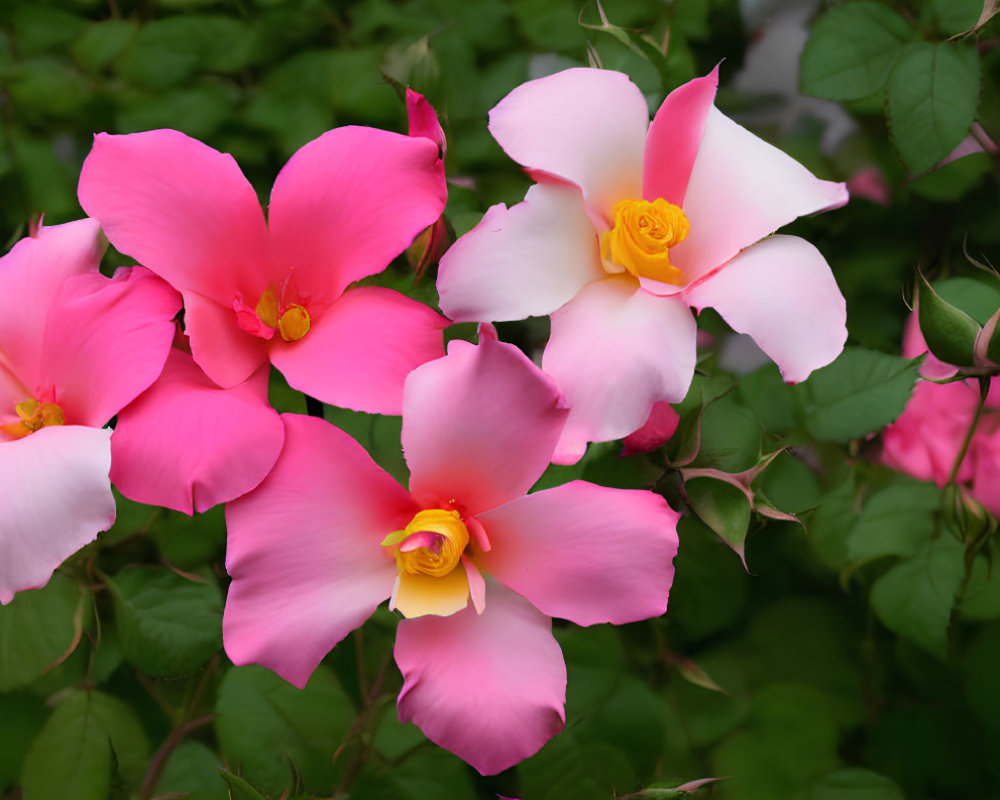 Bright Pink Flowers with Yellow Pistils in Lush Green Foliage