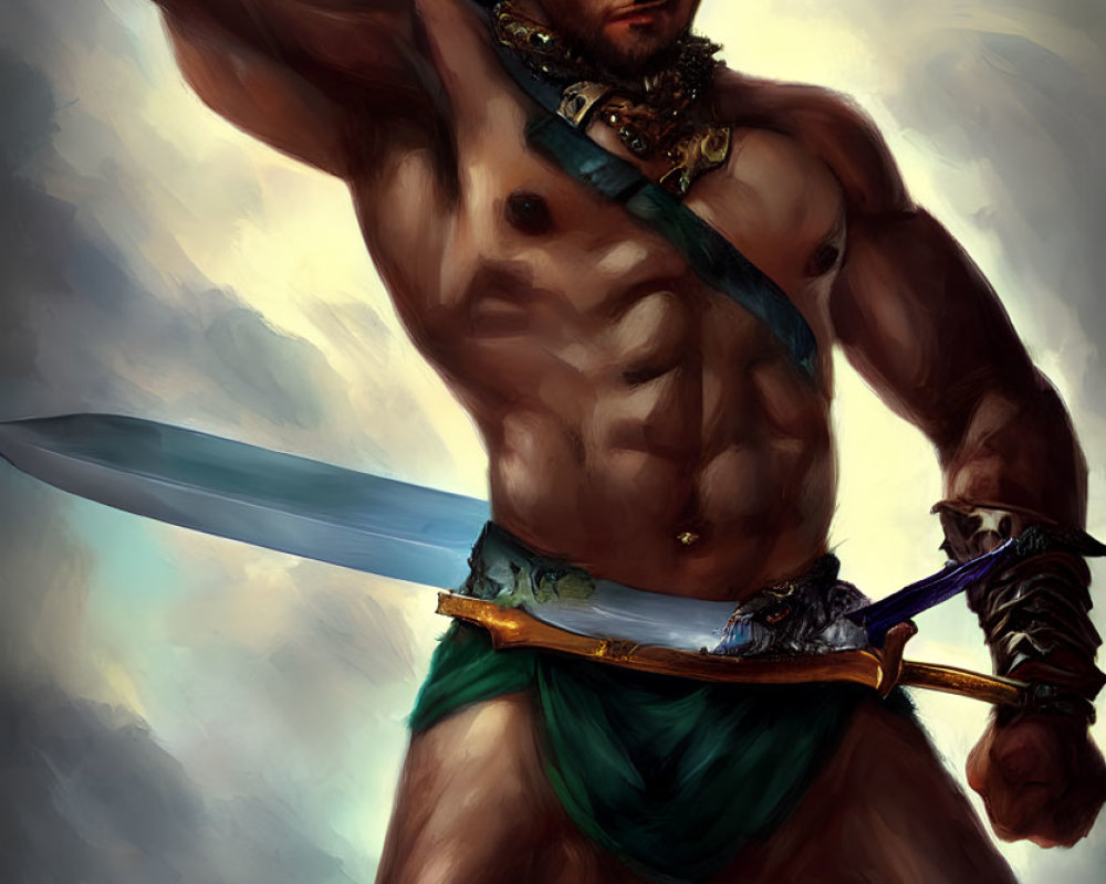 Muscular warrior in traditional garb with sword ready for battle