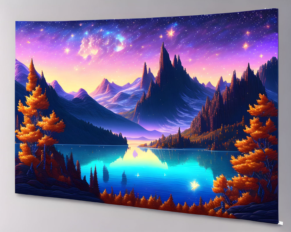 Colorful digital artwork: Mountain landscape at night with starry sky