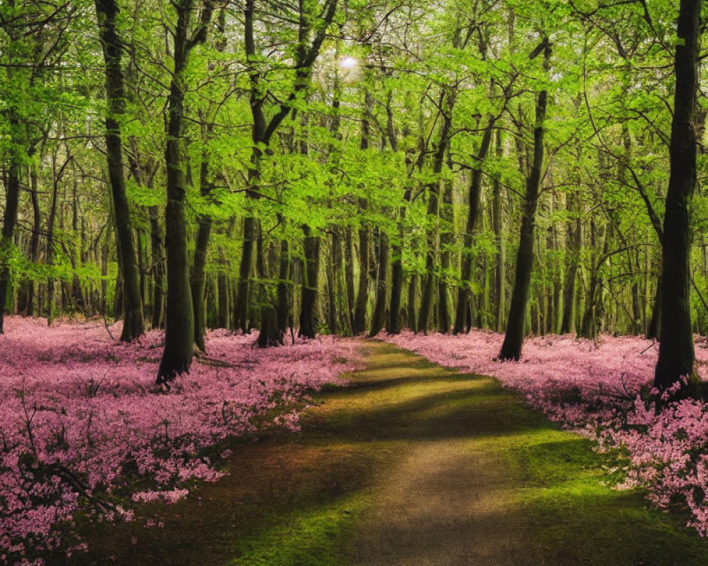 Tranquil forest path with pink flowers, green leaves, and sunlight