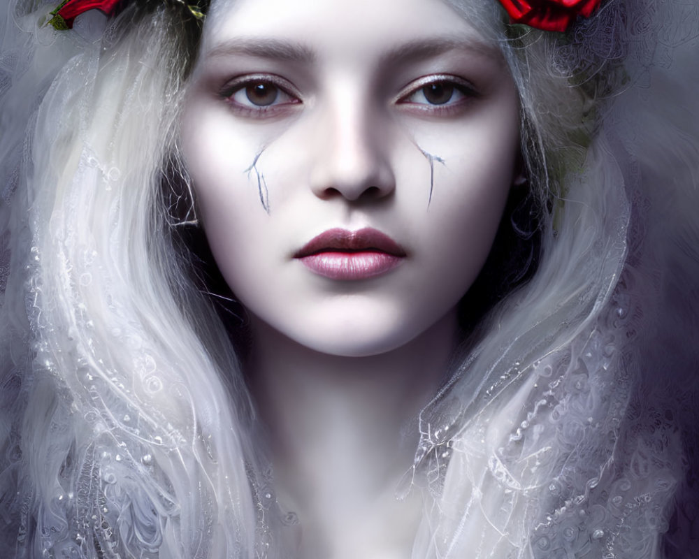 Pale woman with red lips, grey eyes, crown of red roses, and tear-like lines.