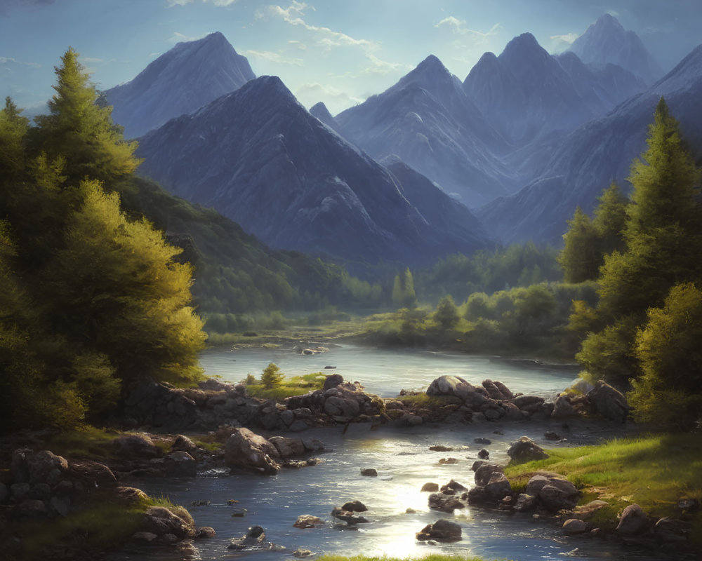 Tranquil landscape with river, trees, and mountains