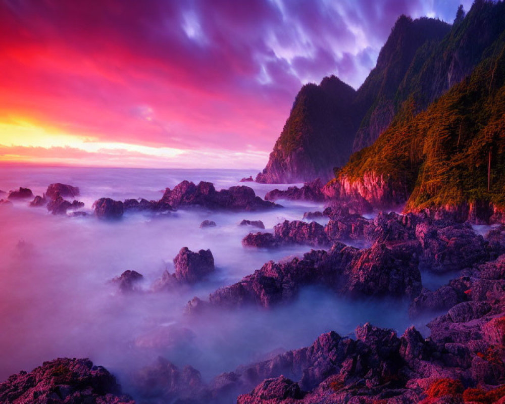 Scenic sunset over rugged coastline with misty waters