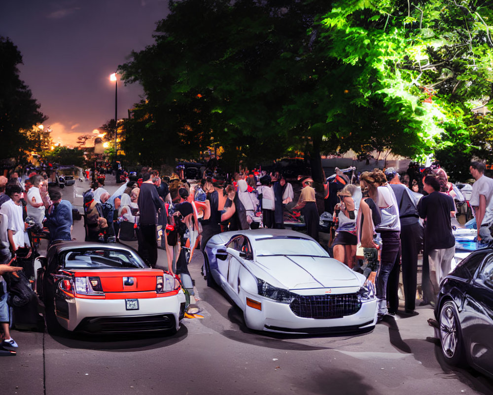 Twilight car meet with showcased vehicles and mingling crowd