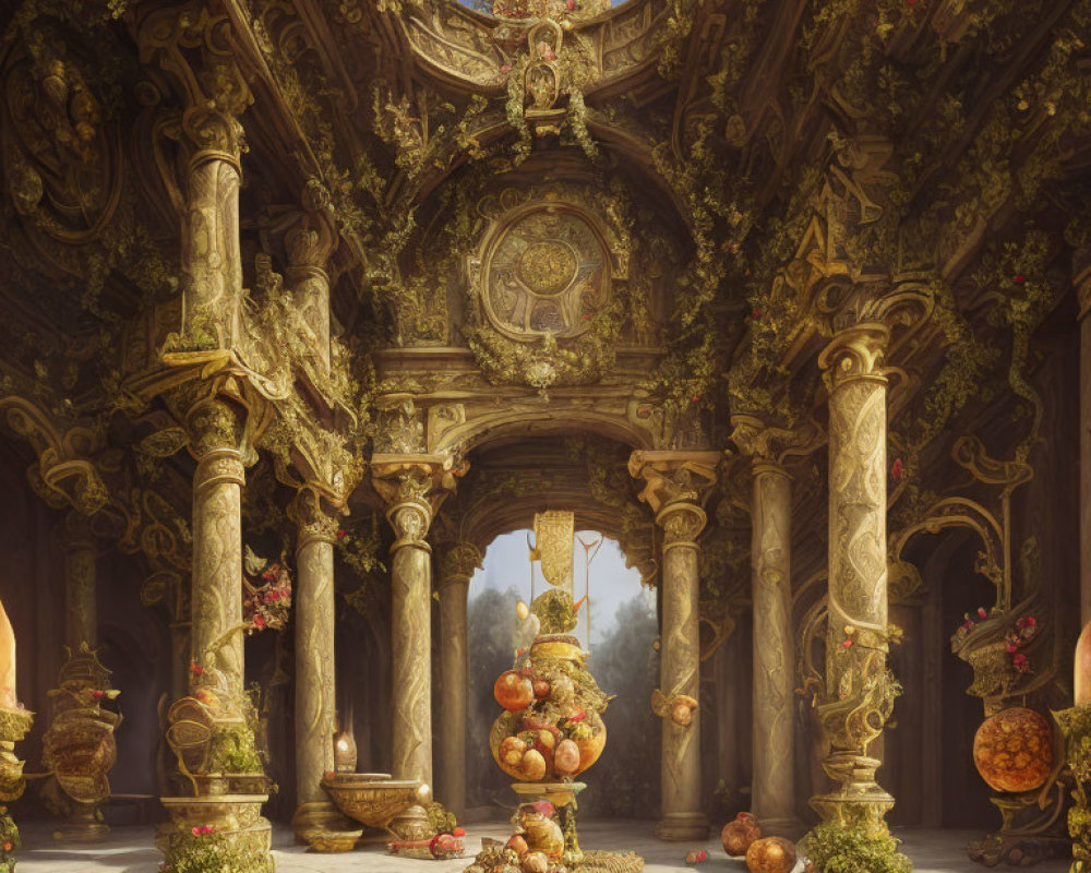 Luxurious Baroque hall with intricate carvings, columns, and ornate fountain centerpiece.