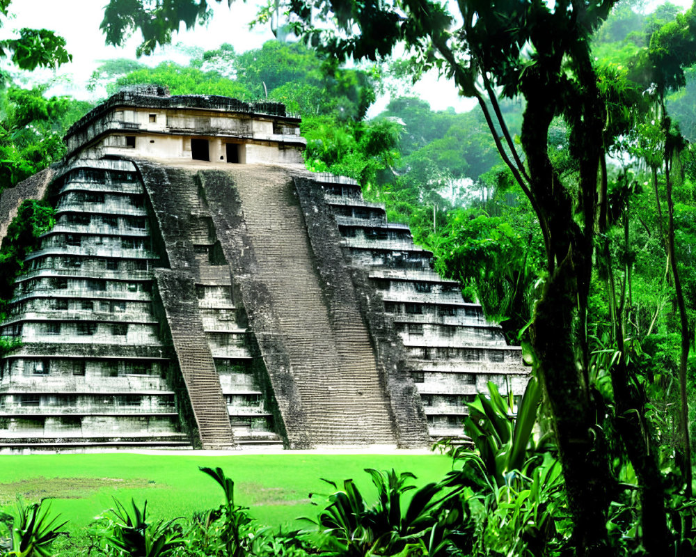 Ancient Mayan Pyramid in Lush Green Jungle Landscape