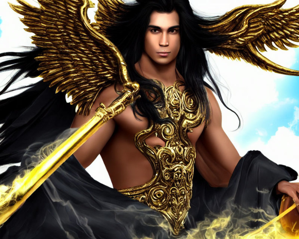 Male Figure in Golden-Winged Armor with Staff on Blue Sky Background