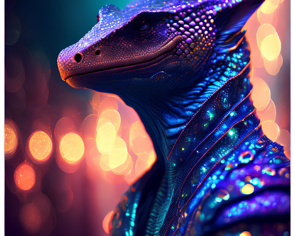 Blue dragon digital artwork with intricate scales on bokeh background