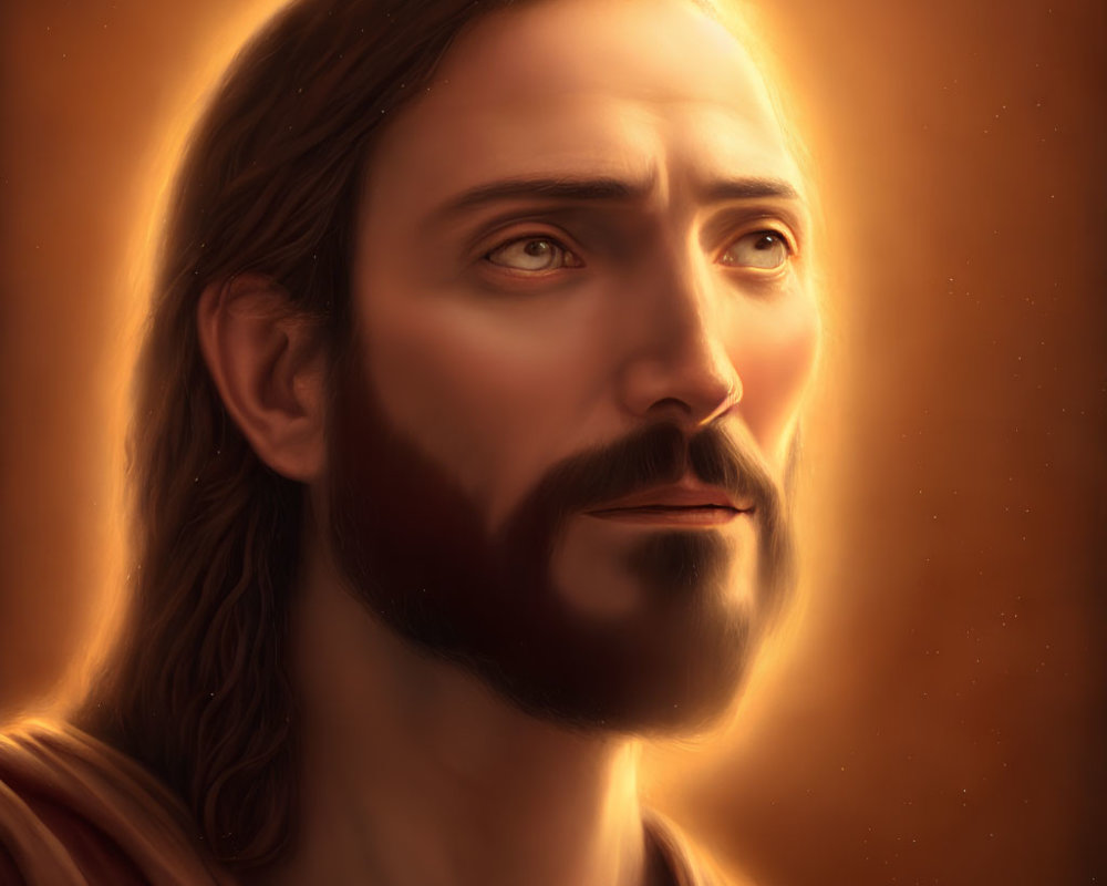 Man with Long Brown Hair and Beard in Robe, Gazing Away in Warm Glow