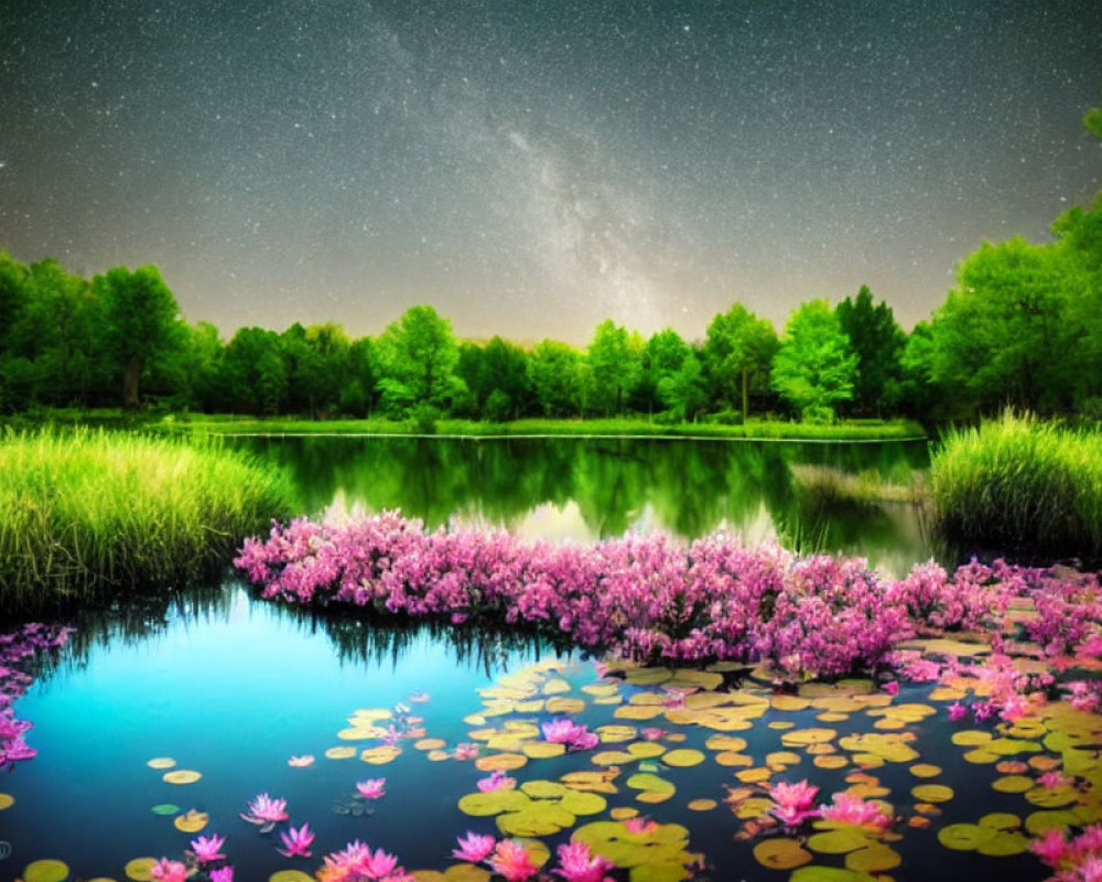 Tranquil lake with pink water lilies under starry night sky