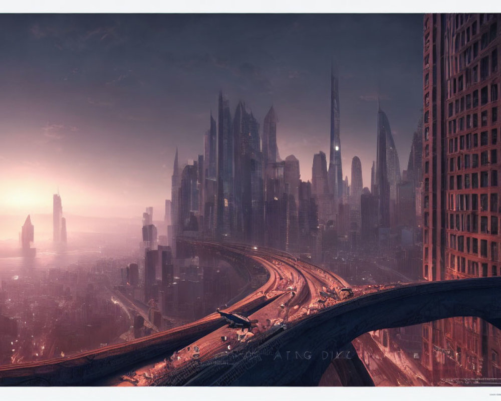 Futuristic cityscape with tall skyscrapers and highway at sunset