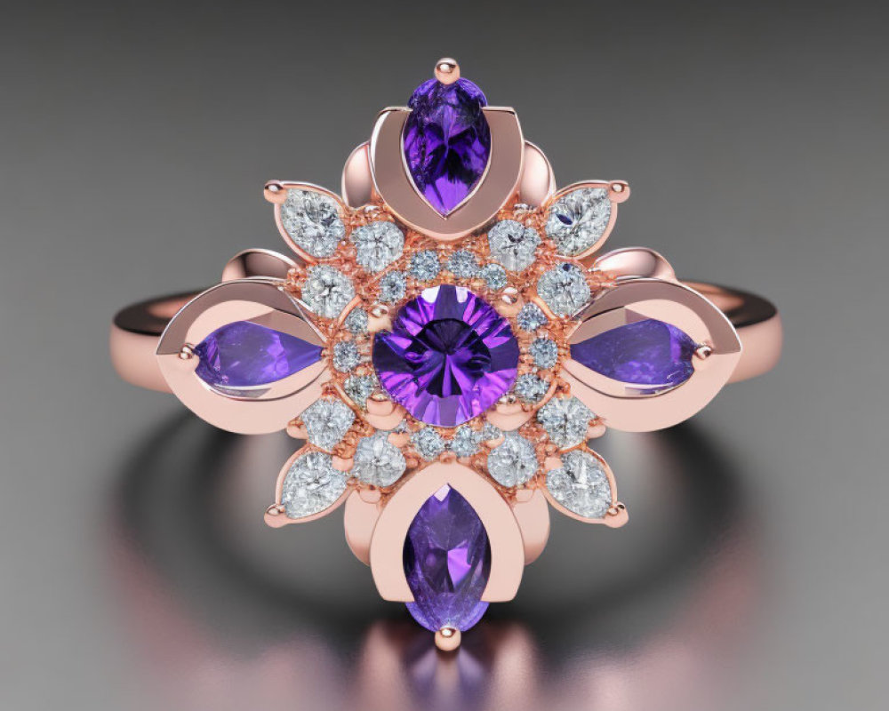 Rose Gold Ring with Purple Gemstone and Diamond Floral Design