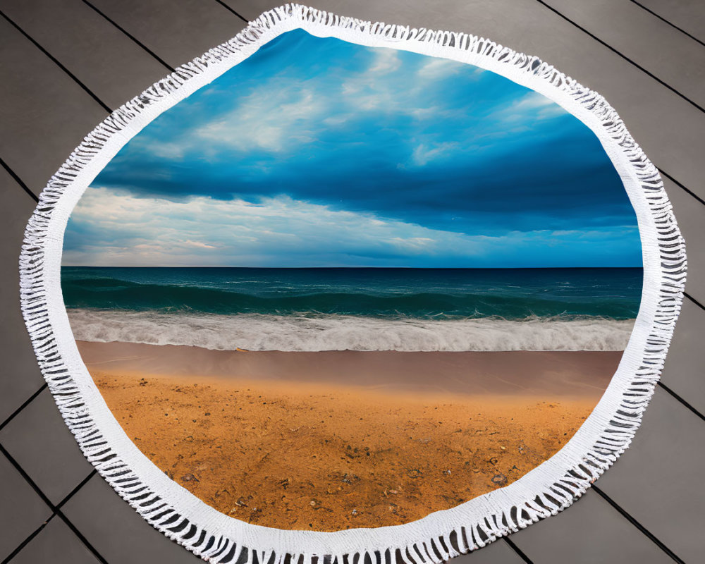 Circular Fringed Beach Towel with Tropical Seaside Landscape Print