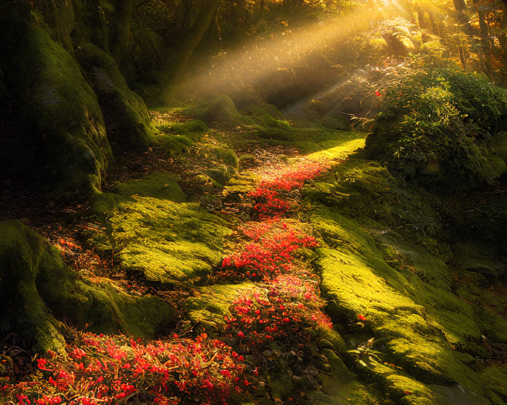 Sunlight filtering through trees onto moss-covered forest floor with red leaves