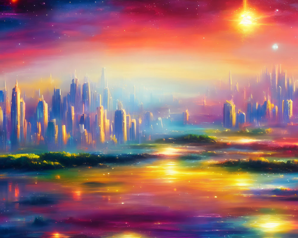 Futuristic city skyline under cosmic sky with stars and nebulas