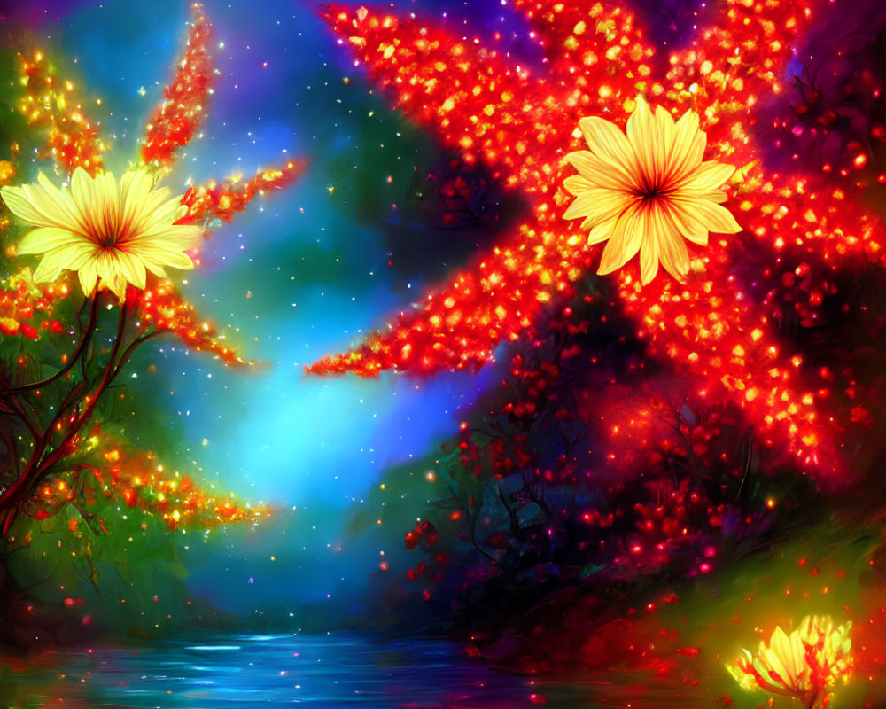 Fantasy landscape with glowing flora, red leaves, starry sky, and blue river