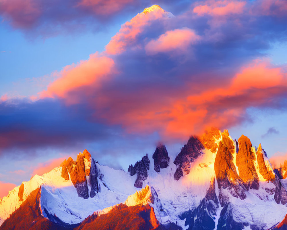 Majestic snowy mountain peaks at sunset with orange and blue clouds