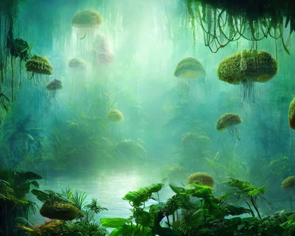 Mystical jungle scene with floating islands and serene misty lake