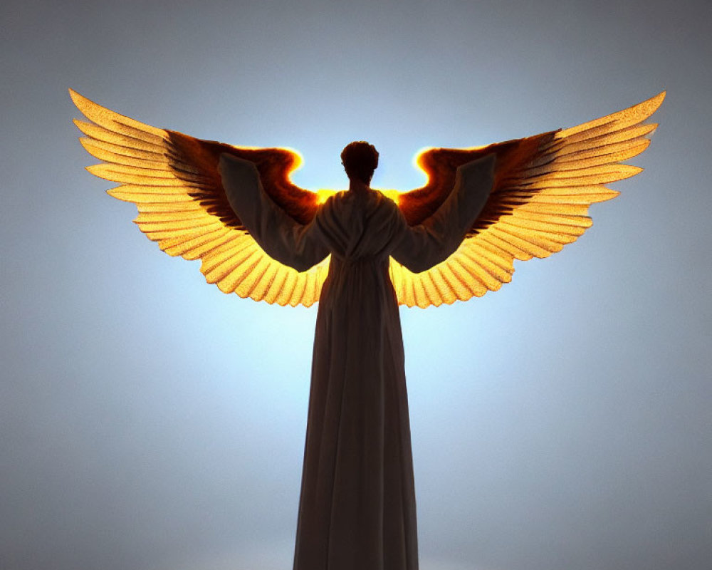 Silhouetted figure with angel wings on gradient background