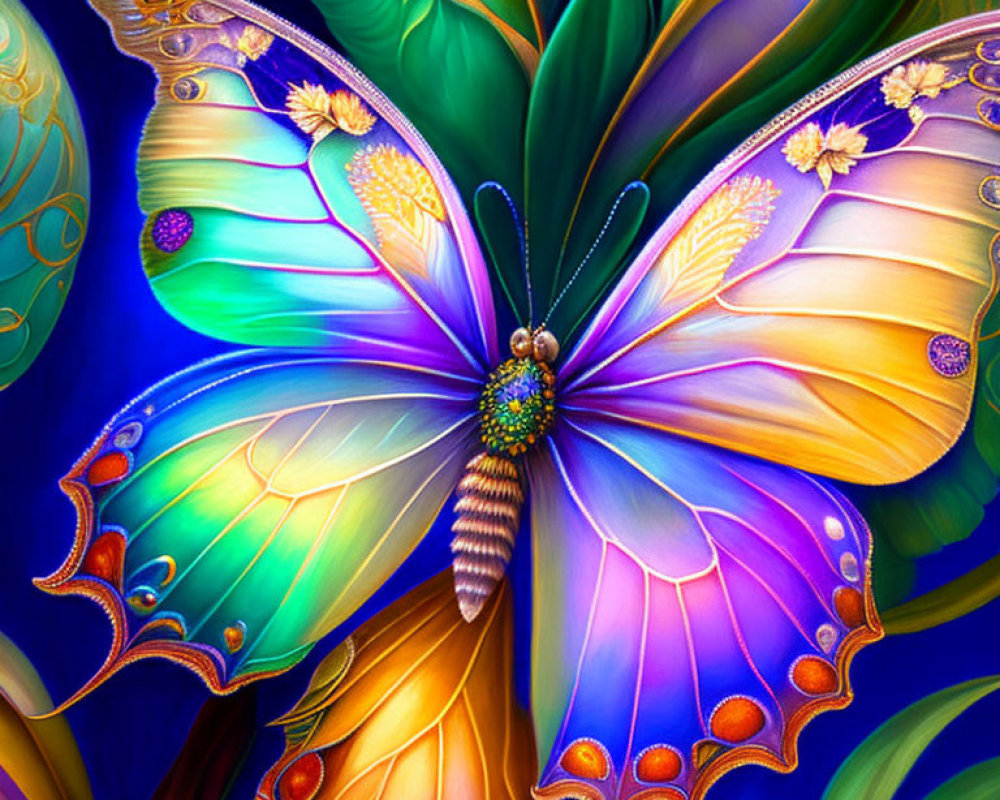 Colorful Butterfly Painting with Purple, Blue, and Gold Wings