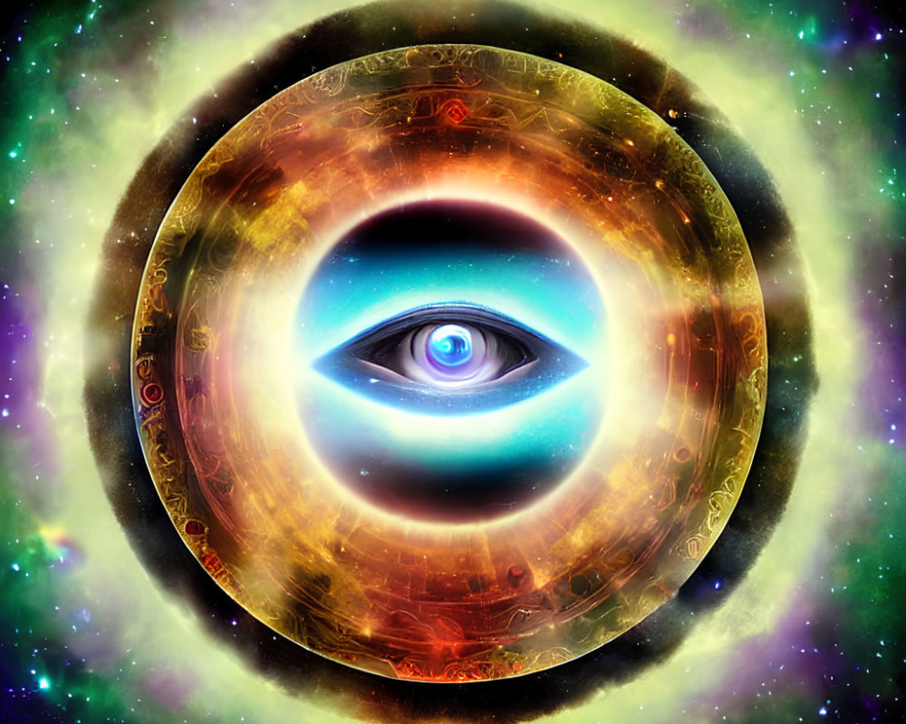 Vivid cosmic illustration of central eye encircled by fiery rings